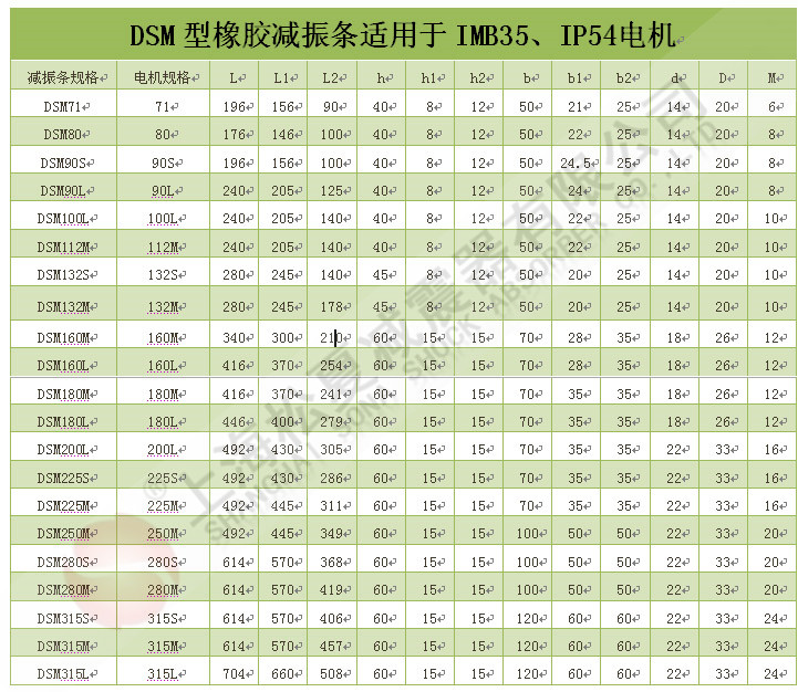 DSM型橡膠減震器條技術參數(shù)表